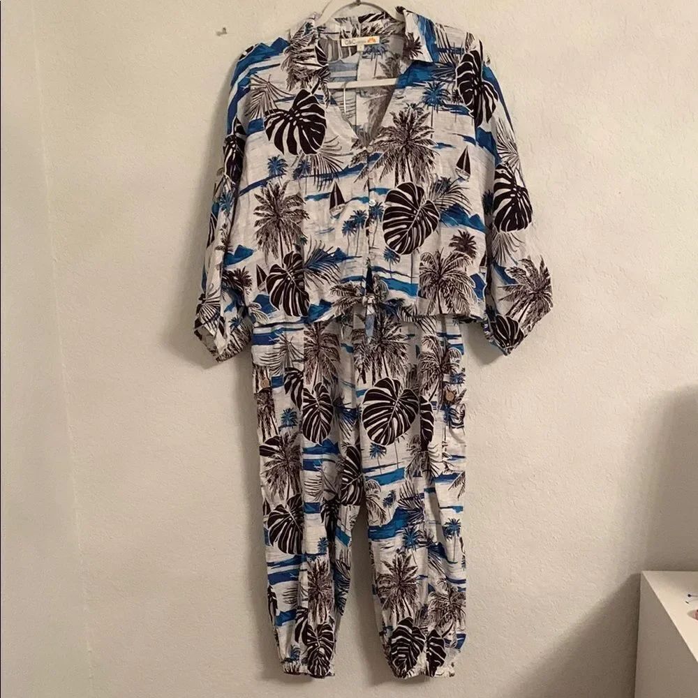 C&C Tropical Print 2pc Set Top Crop/ Joggers Cargo Style Linen Blend Size S